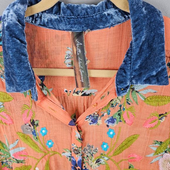Arrata Silent Journey Boho Embroidered Floral Orange Top With Velvet Collar - Picture 2 of 8